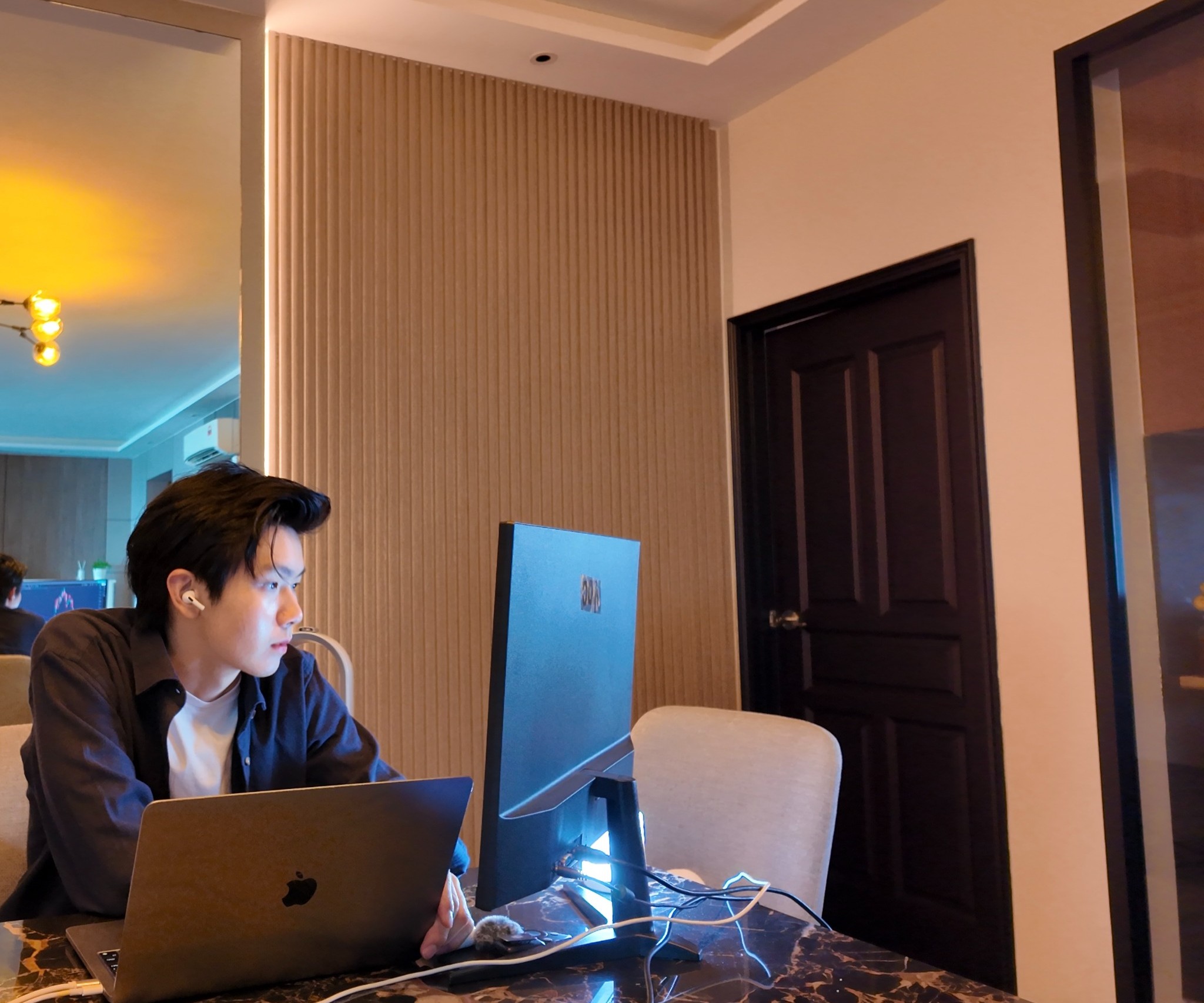 Working late — same setup behind every report and every tool